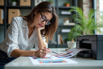 Femme examinant des échantillons de couleur dans un bureau moderne
