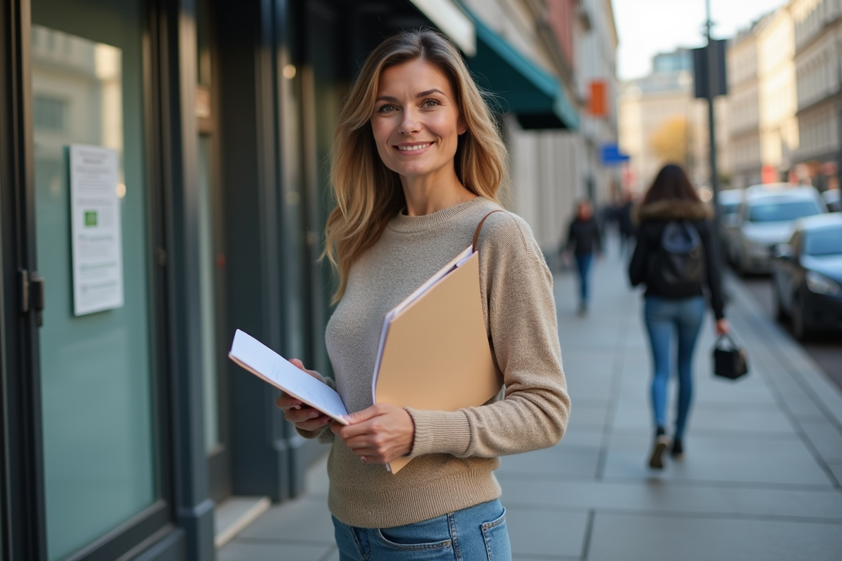 Femme debout devant un bureau emploi en extérieur