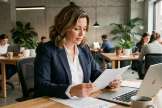 Freelance en portage salarial examinant un contrat dans un espace de coworking moderne
