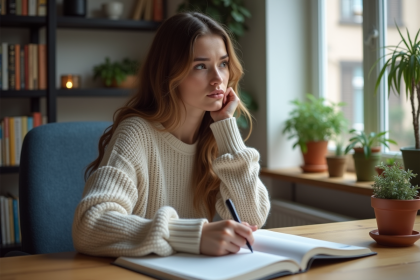Jeune femme en home office avec carnet et pensée