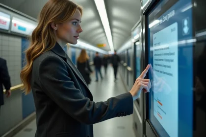 Femme en costume utilisant une borne ticket à Paris