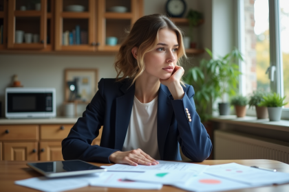 Femme pensant devant documents d'investissement et tablette