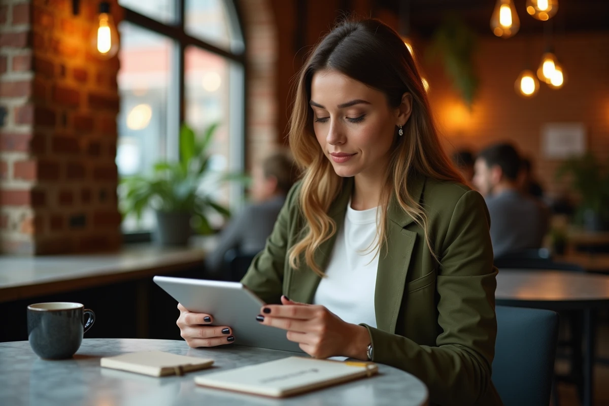 Femme en profession libérale gérant son planning de rendez-vous payants sur tablette dans un café parisien