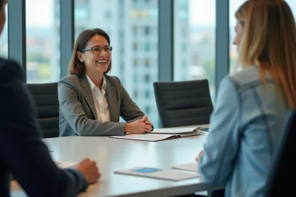 Femme d'âge moyen en réunion d'affaires souriante
