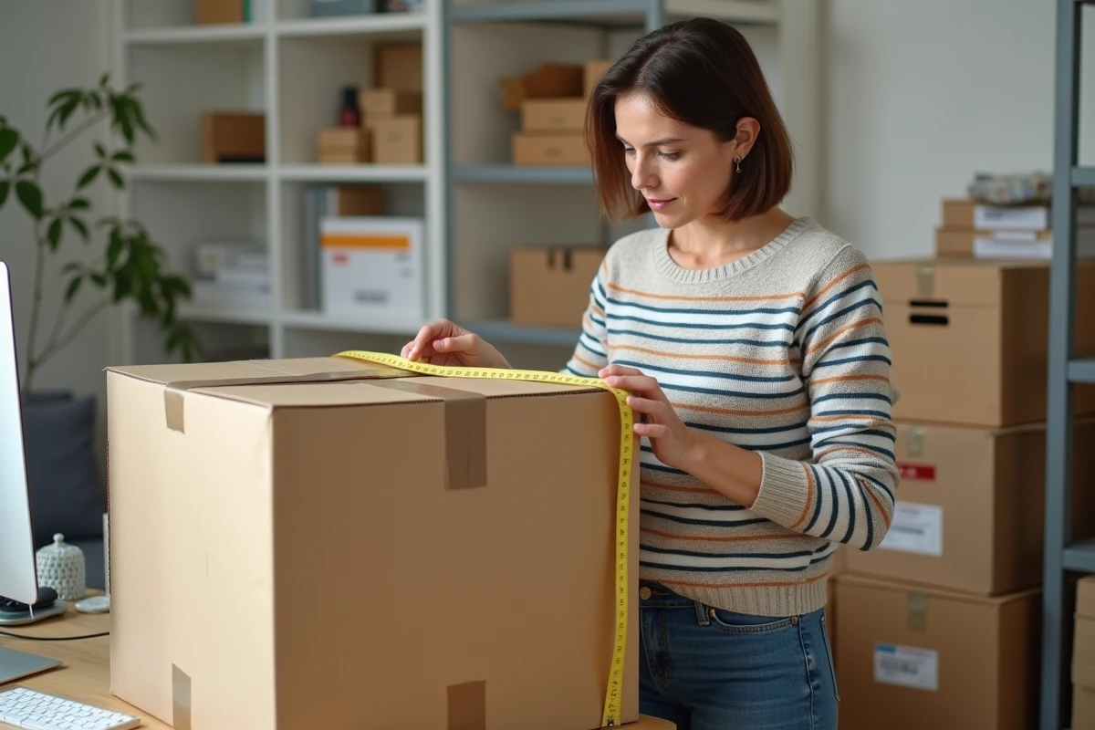 Femme mesurant un colis dans un bureau à domicile