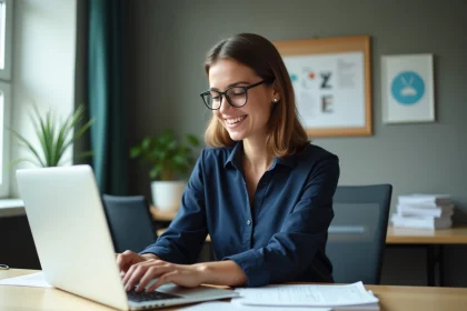 Femme souriante utilisant un logiciel en auto ecole moderne
