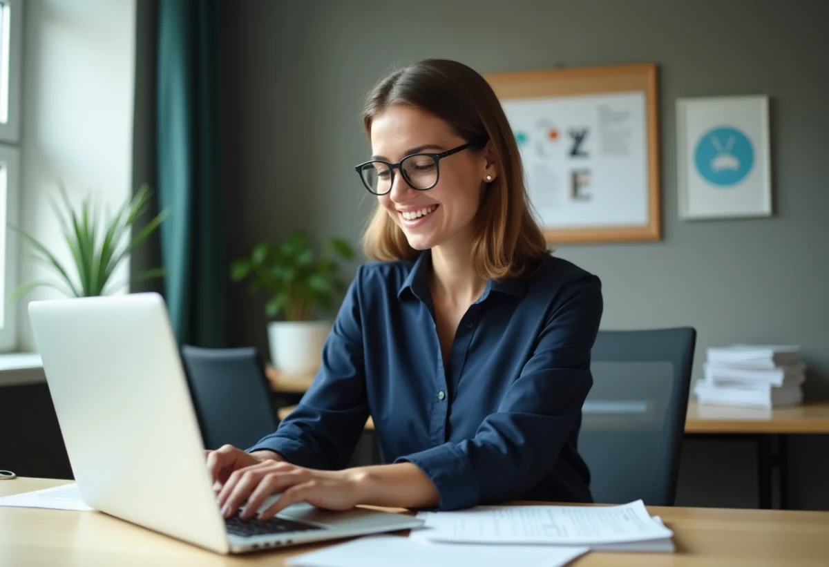 Femme souriante utilisant un logiciel en auto ecole moderne