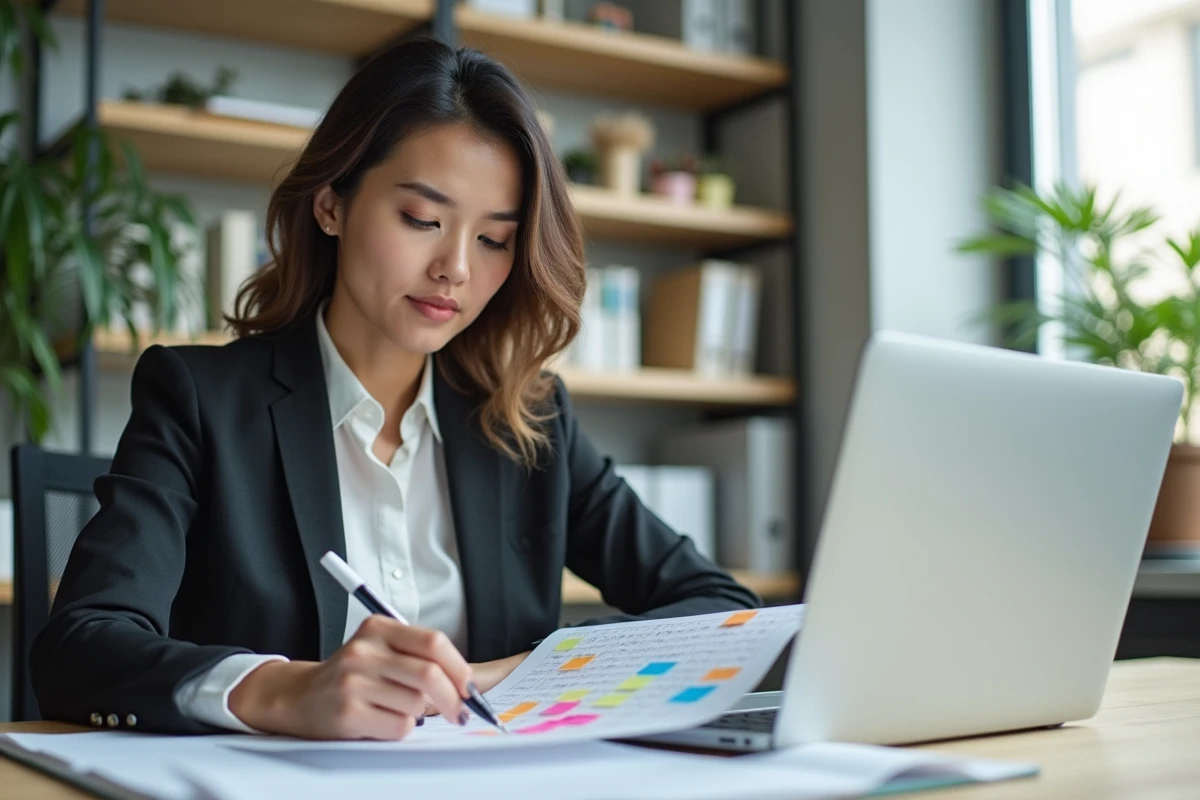 Femme d affaires concentrée sur un calendrier coloré dans un bureau lumineux