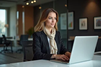 Femme en tailleur assise à un bureau moderne pour l'article