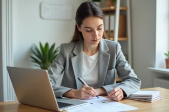 Femme concentrée annotant un plan de projet digital sur un bureau minimaliste, illustrant la planification stratégique pour lancer un projet en ligne