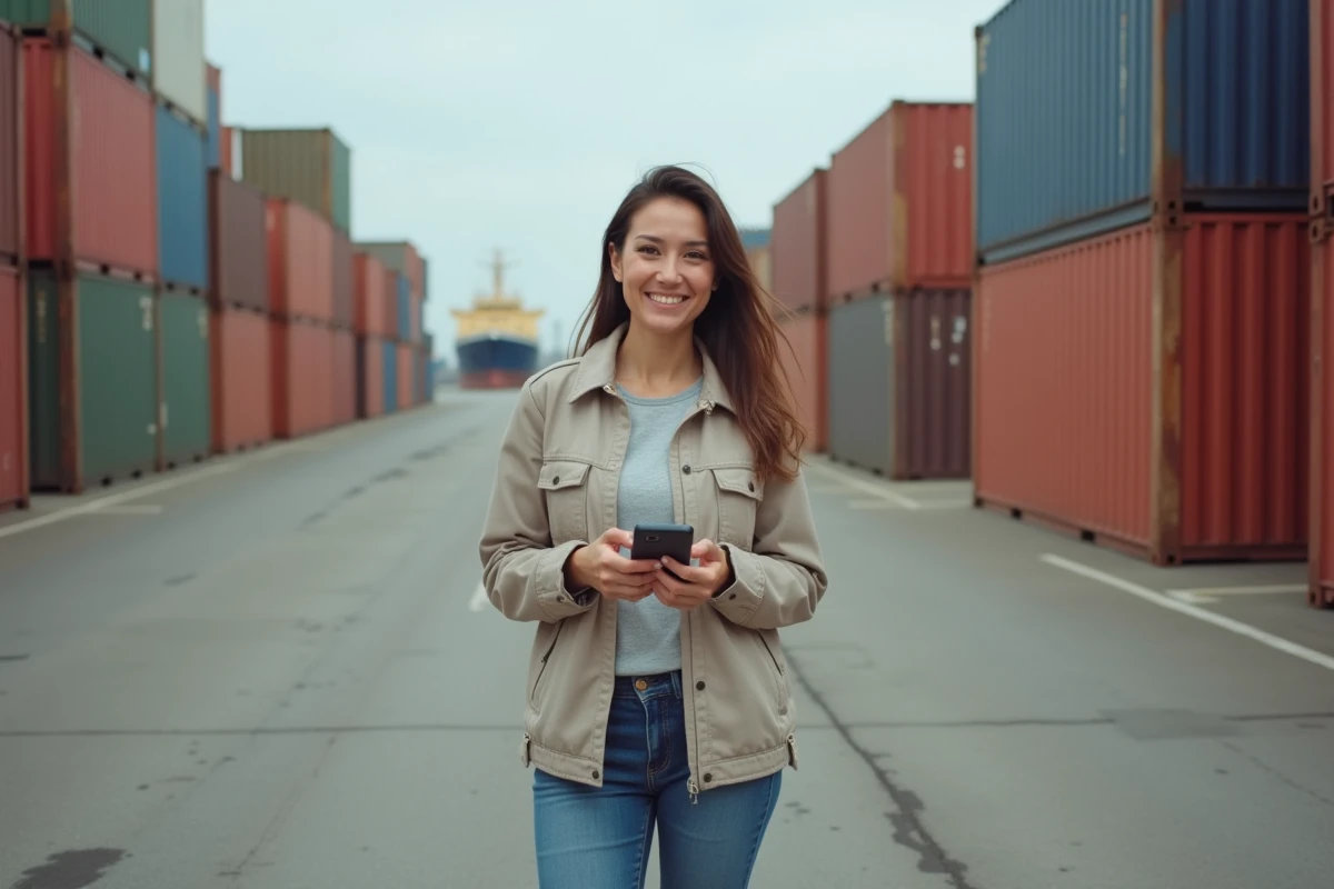 Femme tenant un smartphone près de containers sur le quai