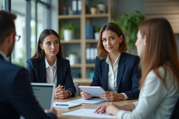 femme-presentant-donnees-marketing Businesswoman en présentation de données marketing en réunion