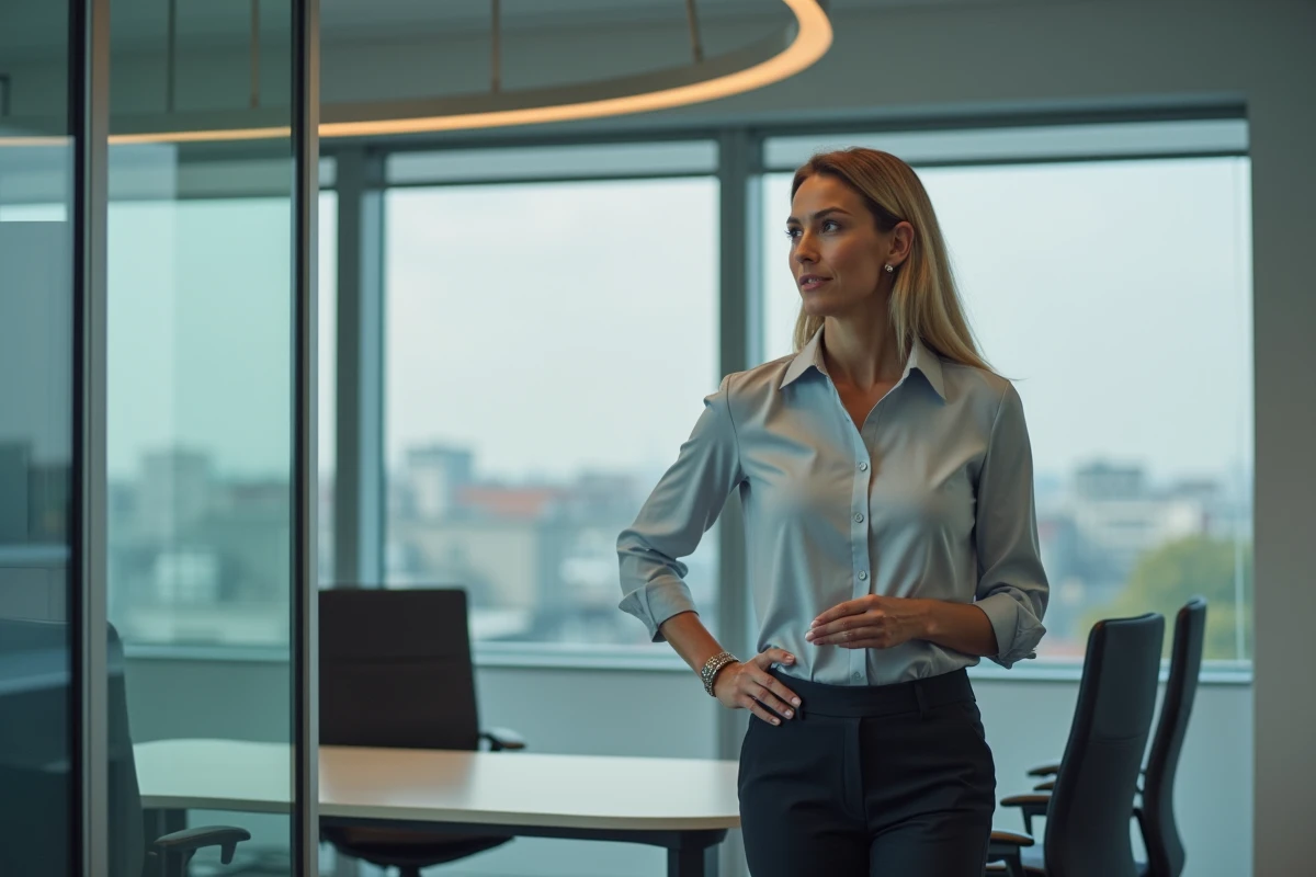 Femme confiante dans une salle de réunion modulable avec vue sur Lille