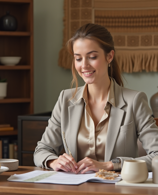 Aline Le Bail-Kremer et la Maison des Sultans : une aventure entrepreneuriale Femme professionnelle souriante examine des échantillons artisanaux