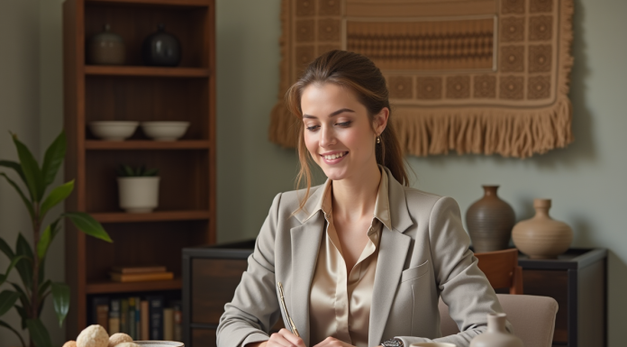 Aline Le Bail-Kremer et la Maison des Sultans : une aventure entrepreneuriale Femme professionnelle souriante examine des échantillons artisanaux