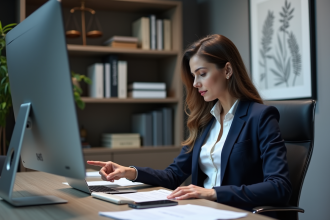 Femme d'affaires en bureau moderne pointant vers un dossier envoyé