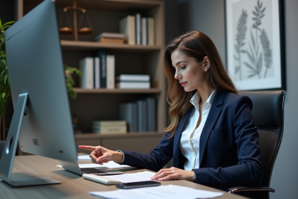Femme d'affaires en bureau moderne pointant vers un dossier envoyé