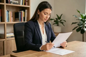 Femme professionnelle en veste marine relisant une lettre de remerciements après envoi de candidature