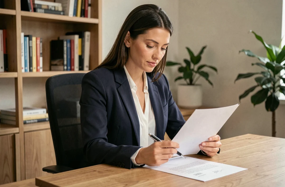 Femme professionnelle en veste marine relisant une lettre de remerciements après envoi de candidature