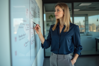 Femme professionnelle écrivant des objectifs sur un tableau blanc