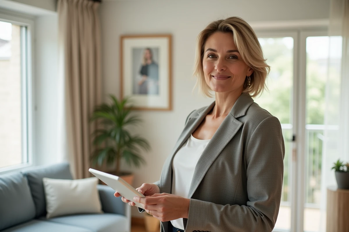 Femme propriétaire consultant un rapport d'expertise immobilière sur tablette dans son appartement