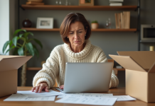Inconvénients du commerce en ligne : comment les contourner ? Femme d'âge moyen examinant des étiquettes de retour à la maison