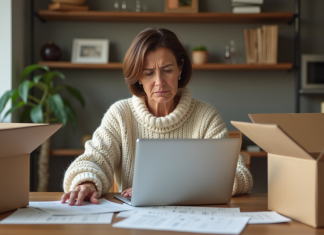 Inconvénients du commerce en ligne : comment les contourner ? Femme d'âge moyen examinant des étiquettes de retour à la maison