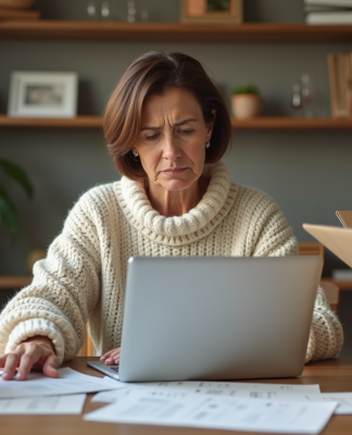 Femme d'âge moyen examinant des étiquettes de retour à la maison