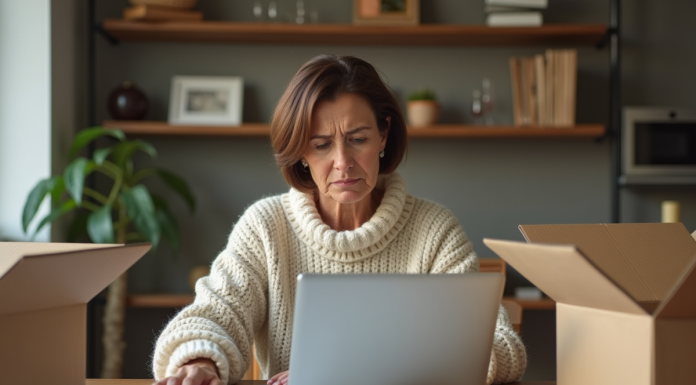 Femme d'âge moyen examinant des étiquettes de retour à la maison