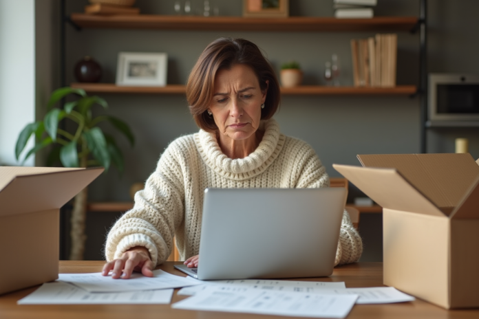 femme-retrait-colis-maison Femme d'âge moyen examinant des étiquettes de retour à la maison