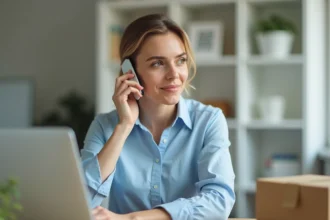 Femme au téléphone avec le service client DHL depuis son bureau à domicile, entourée de colis à expédier