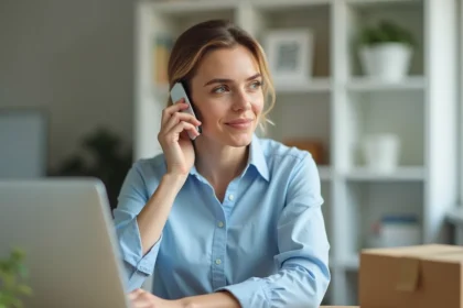 Femme au téléphone avec le service client DHL depuis son bureau à domicile, entourée de colis à expédier