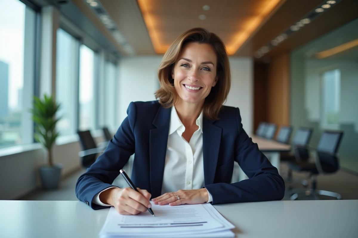 Femme en blazer signant des documents au bureau