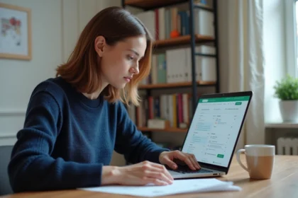 Femme en télétravail cherchant un poste B2B sur Orionb2b.fr depuis son bureau à domicile