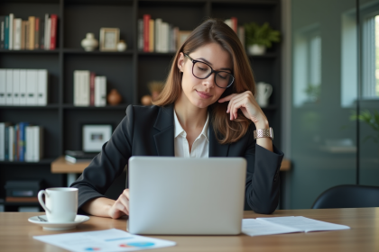 Femme en bureau examine documents de privacy