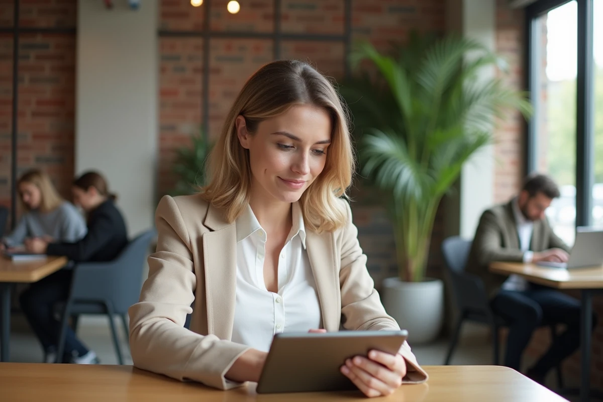 Femme en blouse blanche explorant Zalentrapro dans un espace coworking