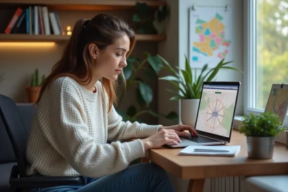 Femme travaillant sur son ordinateur dans un salon parisien
