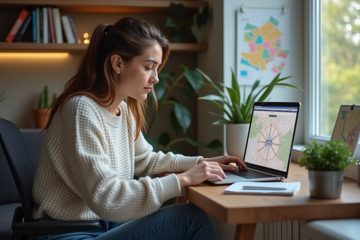 Femme travaillant sur son ordinateur dans un salon parisien