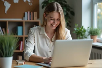 Jeune femme concentrée sur son ordinateur dans un bureau moderne