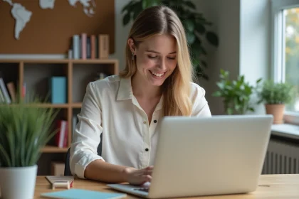 Jeune femme concentrée sur son ordinateur dans un bureau moderne