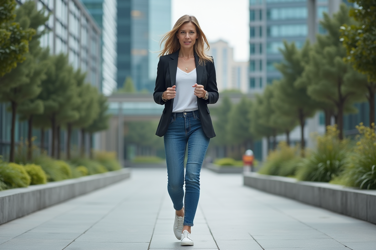 Femme dynamique marchant dans un quartier moderne
