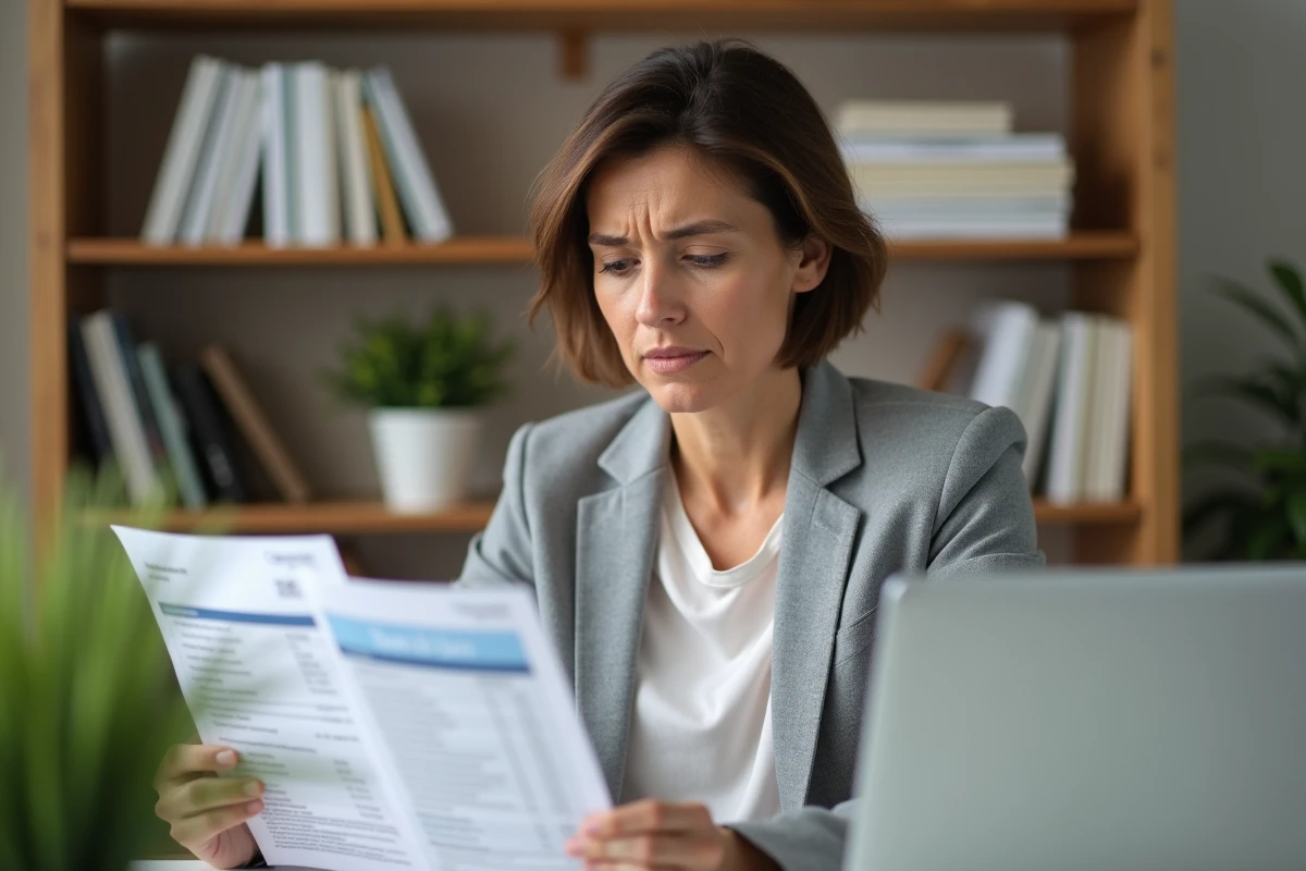 Femme consultant un relevé bancaire pour vérifier un débit CB inconnu lié à une imprimerie