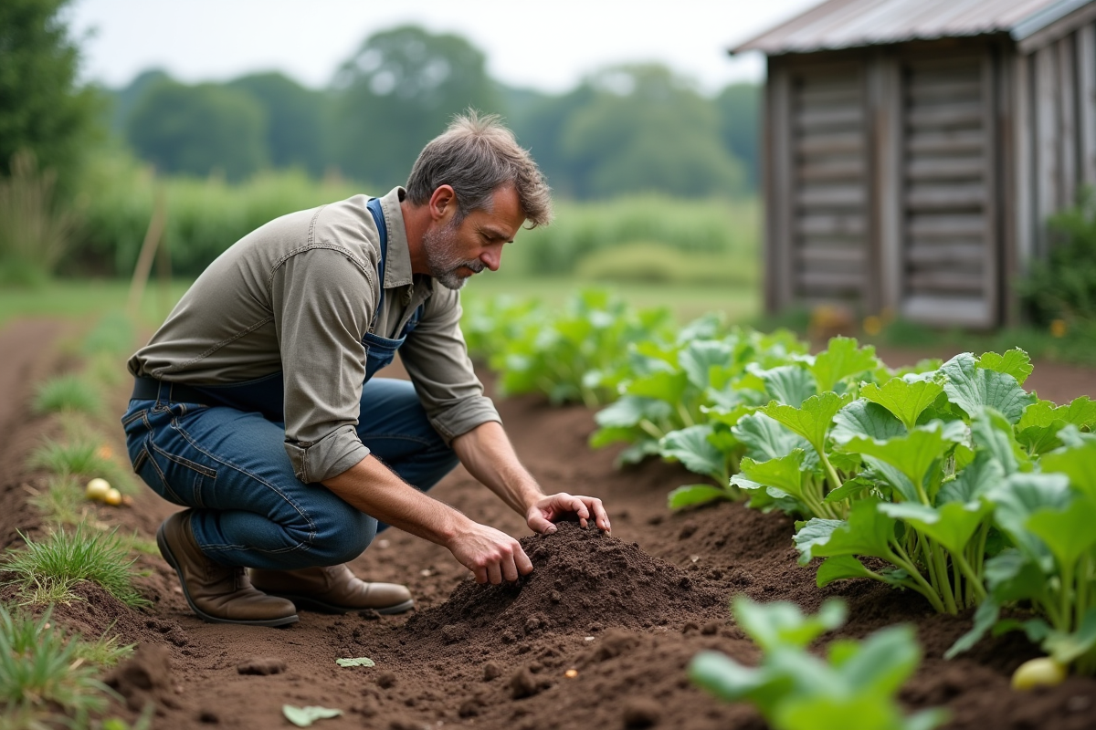 Fermier examinant compost sain dans un jardin diversifie