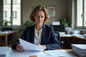 Fonctionnaire française examinant des documents de salaire dans un bureau administratif public en 2026