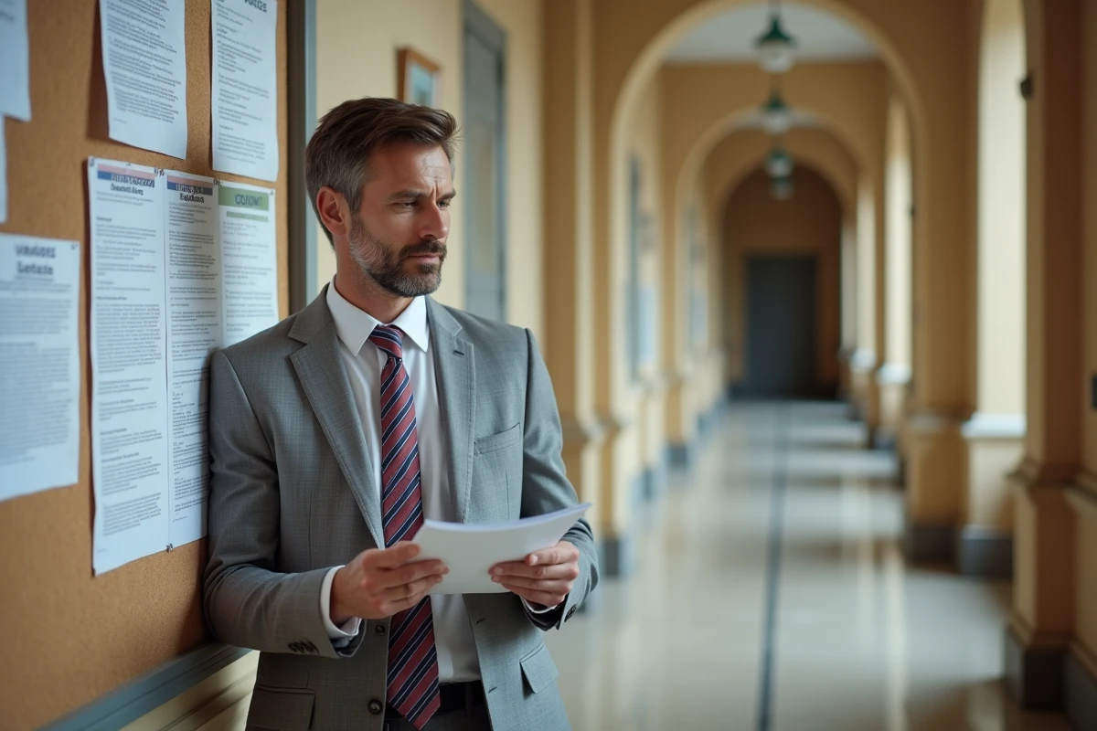 Fonctionnaire masculin consultant un tableau d'affichage syndical avec des grilles salariales dans un couloir administratif