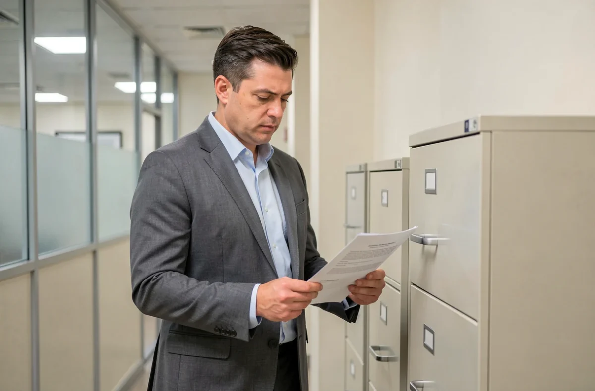 Fonctionnaire masculin relisant une lettre de démission officielle dans un couloir administratif