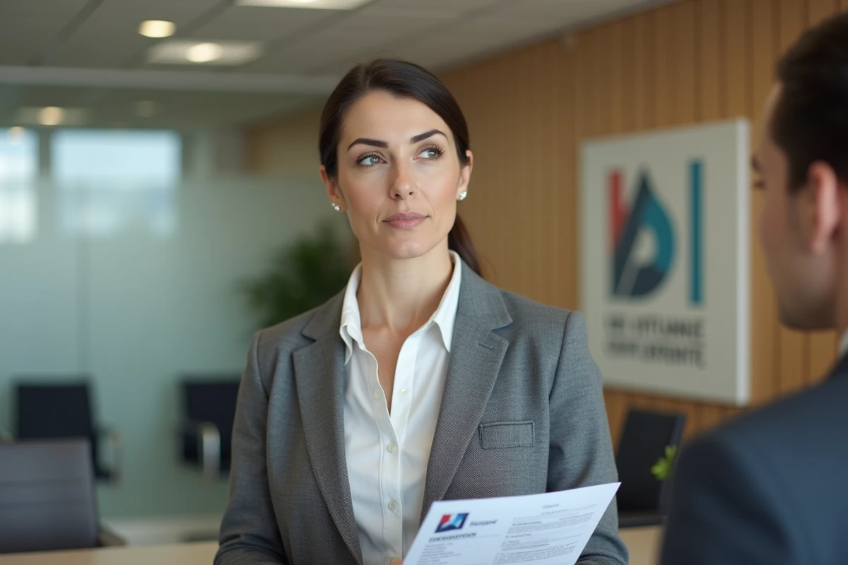 Femme fonctionnaire au guichet du centre des impôts de Calais vérifiant un document fiscal officiel
