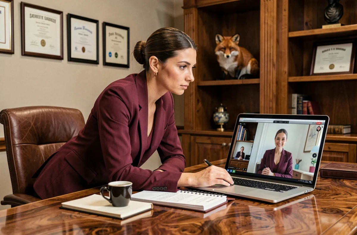 Recruteuse FoxRH en entretien vidéo avec un cadre dans un bureau élégant aux touches fauves