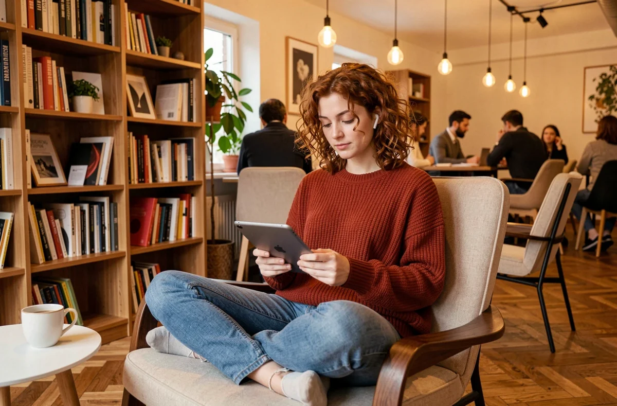Jeune freelance travaillant sur tablette dans un salon de coworking convivial à Tourcoing avec parquet en chevrons