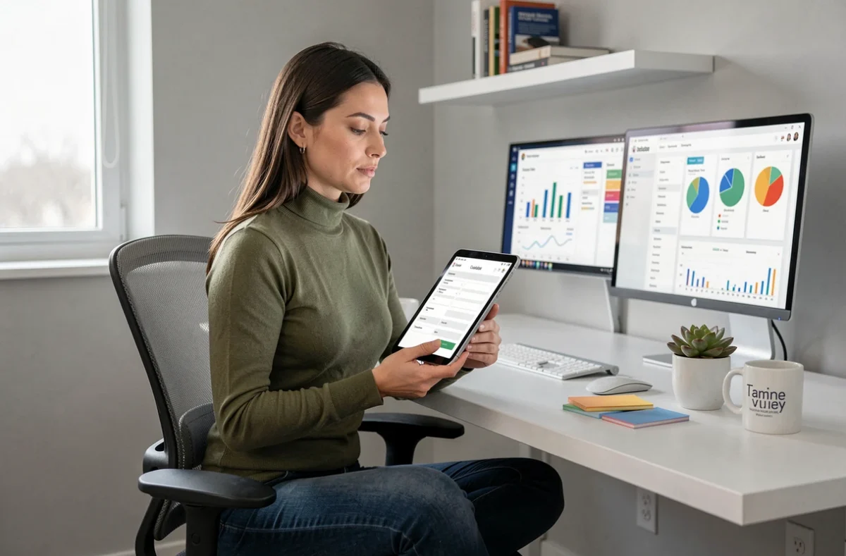 Freelance en télétravail complétant un template de profil client idéal sur tablette dans un bureau minimaliste